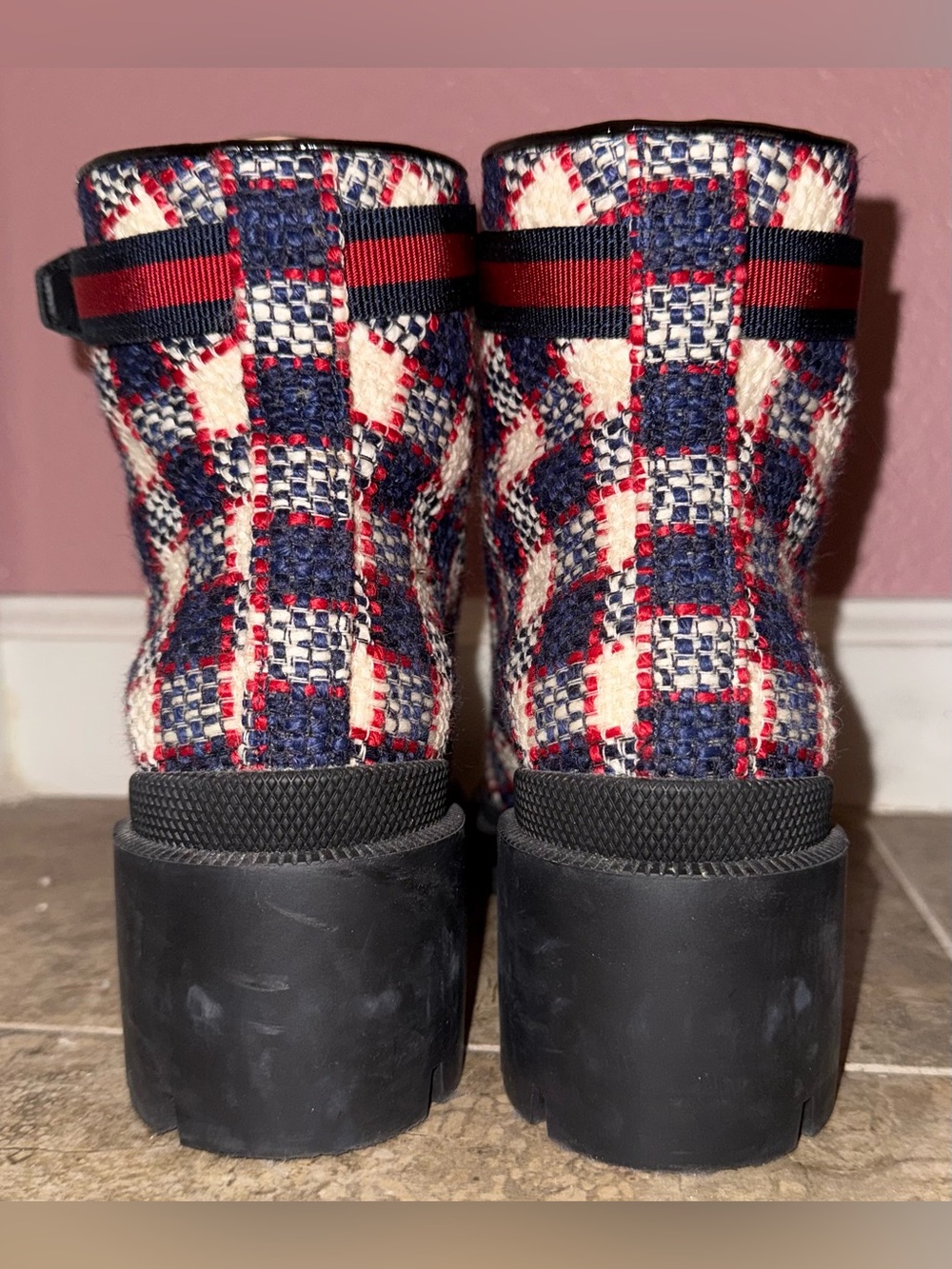 Gucci Sylvie Web Accent Tweed Combat Boots - Picture 6 of 9